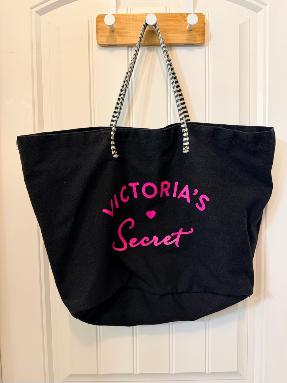 Victoria's Secret Black Tote with Hot Pink Logo and Striped Rope Handles